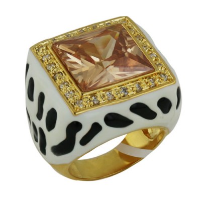 Brass Ring Gold Plate Square Ch Cz With Black+Whit