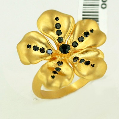 Brass Matte Ring Gold Flower W/ Black Cz