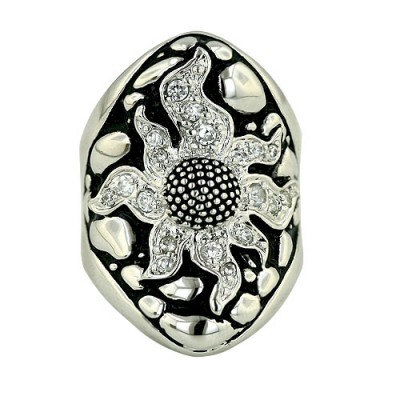 Brass Ring Bk Epoxy+Cl Cz Sunflower