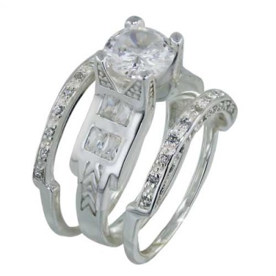 Brass Ring 3 Pcs Engagement 9Mm Cl Cz Solitaire W/