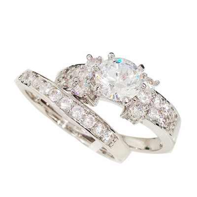 Brass Ring 2 Pcs Engagement 6mm Clear Cubic Zirconia Solitaire