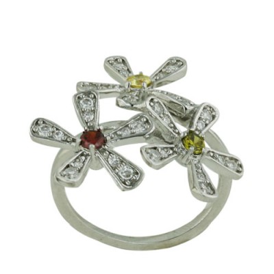 Brass Ring 3 Flower W/ Clear Cz W/ Citrine, Garnet