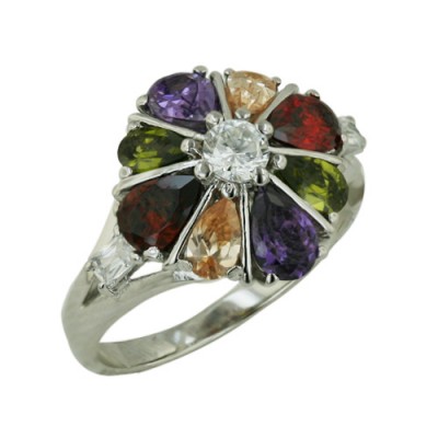 Brass Ring 8 Petals Flower Multicolor Center Clear