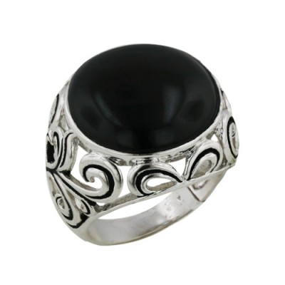 Brass Ring 17.5mm Onyx Open Filigree on Band - 8