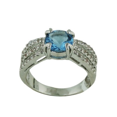 Brass Ring 8mm Aqua Cubic Zirconia with 1.5mm Clear Cubic Zirconia - 8