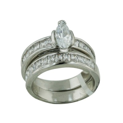 Brass Ring 2Pc Set 9X5mm Marquis Clear Cubic Zirconia Baguette on - 8