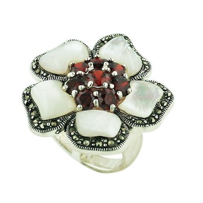 Brass Ring W/ Mop And Garnet Center
