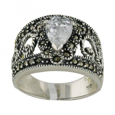 Marcasite Ring 9X7mm Clear Cubic Zirconia Tear Drop with Oxidized Twisted Rope