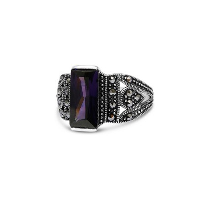 MARCASITE RING 13X7MM AMETHYST CUBIC ZIRCONIA RECTANGULAR