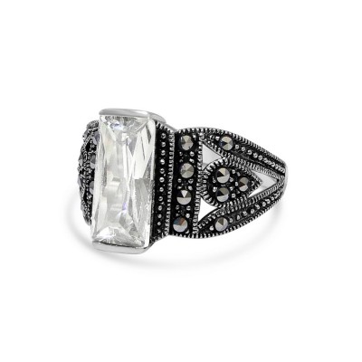 MARCASITE RING 13X7MM CLEAR CUBIC ZIRCONIA RECTANGULAR