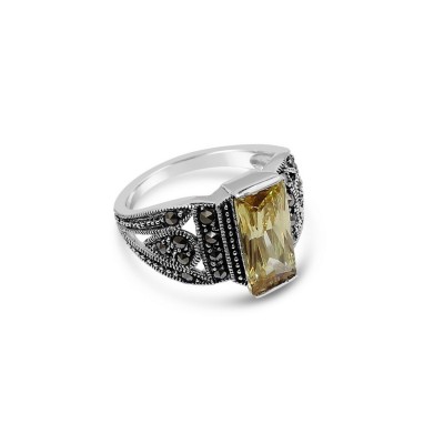 Marcasite Ring 13X5mm Citrine Cubic Zirconia Square