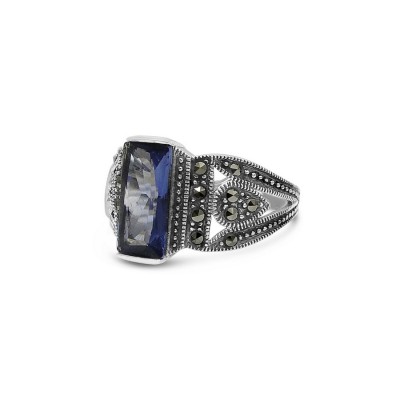 MARCASITE RING 13X7MM TANZANITE GLASS RECTANGULAR