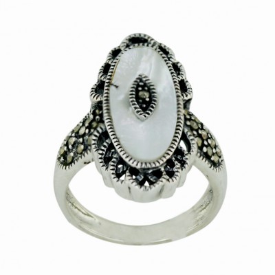 Marcasite Ring 26X12mm White Mother of Pearl Oval Victorian
