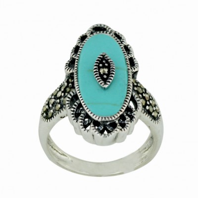 Marcasite Ring 26X12mm Faux Turquoise Oval Victorian