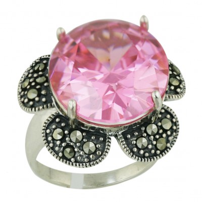 Marcasite Ring 17mm Pink Cubic Zirconia Round with Pave Marcasite Flower Around
