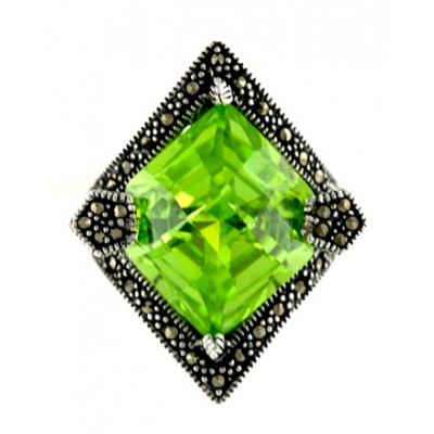 Marcasite Ring Square Apple Green Cubic Zirconia Chess Cut 20mmx20mm with