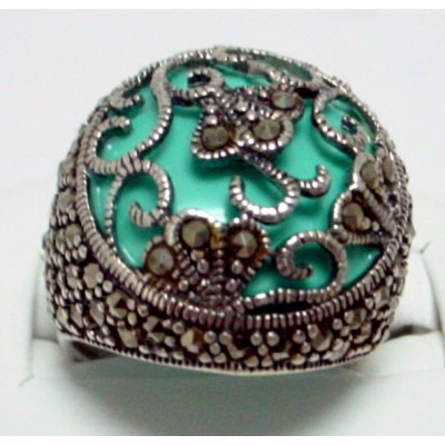 Marcasite Ring Turquoise Dome Filigree Flower