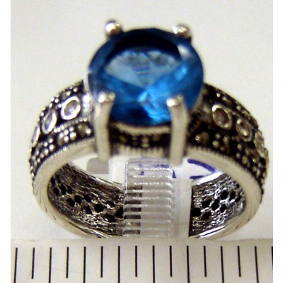 Marcasite Ring 9mm Solitaire Aqua Marine Glass with Clear Cubic Zirconia Bezel Row