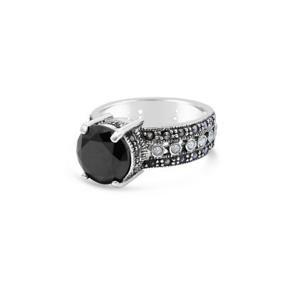 MARCASITE RING 9MM SOLITAIRE BLACK CUBIC ZIRCONIA WITH CLEAR CUBIC ZIRCONIA BEZEL ROW