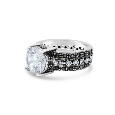 MARCASITE RING 9MM SOLITAIRE CLEAR CUBIC ZIRCONIA WITH CLEAR CUBIC ZIRCONIA BEZEL ROW