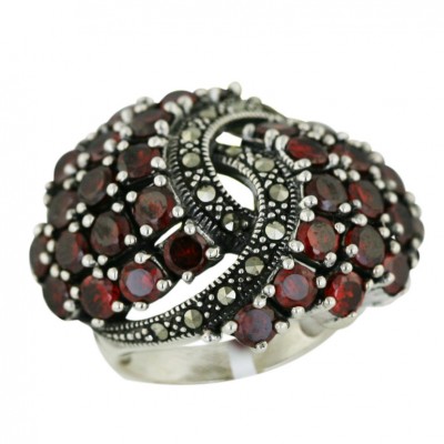 Marcasite Ring 31mm Garnet Cubic Zirconia Round with Pave Marcasite Ctr