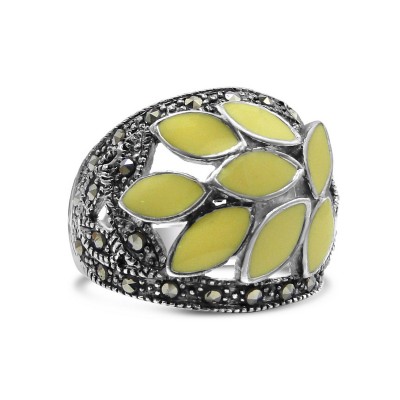 Marcasite Ring 8 Pcs Wh Enamel Marquis Cluster