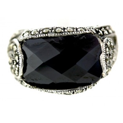Marcasite Ring (Thai Cut Marcasite) Chess Cut Black Cubic Zirconia Rectangular with Swi