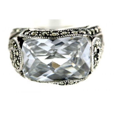 Marcasite Ring (Thai Cut Marcasite) Chess Cut Clear Cubic Zirconia Rectangular with Swi