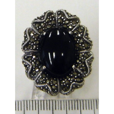 Marcasite Ring Oval Cabochon Onyx with Petals