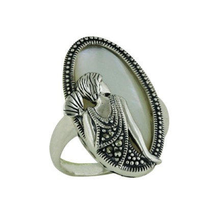 Marcasite Ring 11-22mm White Mother of Pearl Oval with Lady Portrait