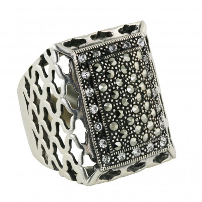 Marcasite Ring 272X23mm Pave Marcasite Square with Clear Cubic Zirconia+Twisted Rope