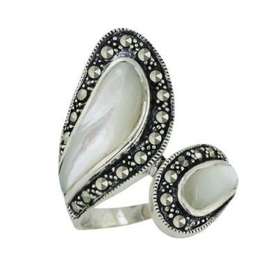 Marcasite Ring Oppositive White Mother of Pearl Leaves Bezel Set with Pave Marcasite A