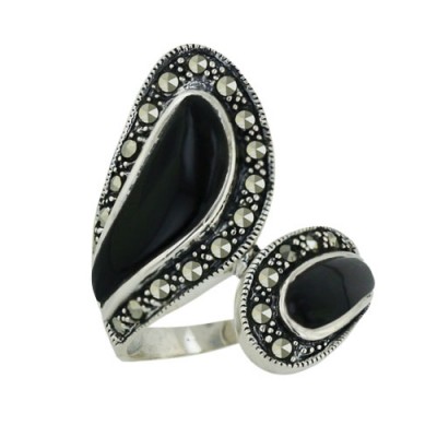 Marcasite Ring Oppositive Onyx Leaves Bezel Set with Pave Marcasite Around