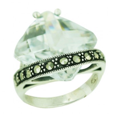 Marcasite Ring 15X15mm Square Chess Cut Clear Cubic Zirconia with Marcasite Lines B