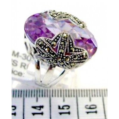 Marcasite Ring 28X13mm Chess Cut Oval Lv Cubic Zirconia with Marcasite Star Bo