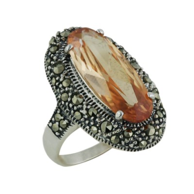 Marcasite Ring 20X8mm Long Oval Champagne Cubic Zirconia with Marcasite Around