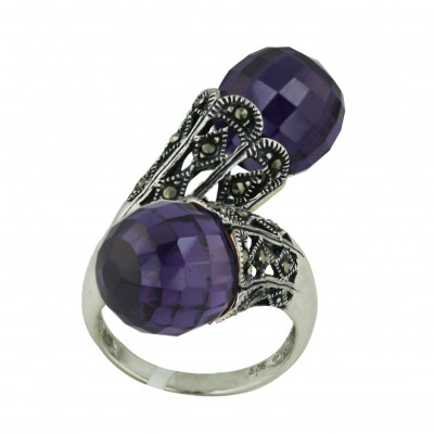 Marcasite Ring Oppositive 12mm Amethyst Cubic Zirconia Faceted Ball with Marcasite Open Rho - 9