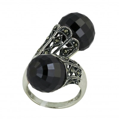 Marcasite Ring Oppositive 12mm Black Cubic Zirconia Faceted Ball with Marcasite Open Rho