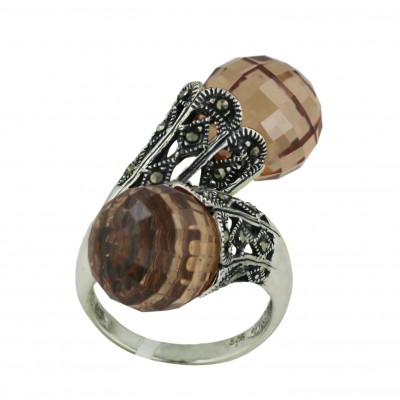 Marcasite Ring Oppositive 12mm Champagne Cubic Zirconia Faceted Ball with Marcasite Open Rho