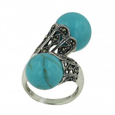 Marcasite Ring Oppositive 12mm Faux Turquoise (with Gold Vein) Ball with Marcasite O