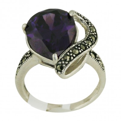 Marcasite Ring 16X12mm Amethyst Cubic Zirconia Tear Drop with Pave Marcasite Open Right