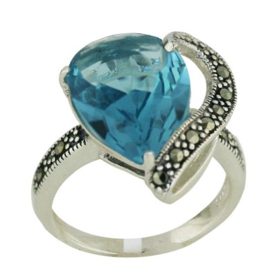 Marcasite Ring 16X12mmblue Topaz Glass Tear Drop with Pave Marcasite O