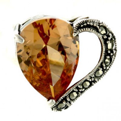 Marcasite Ring 16X12mm Champagne Cubic Zirconia Tear Drop with Pave Marcasite Open Right