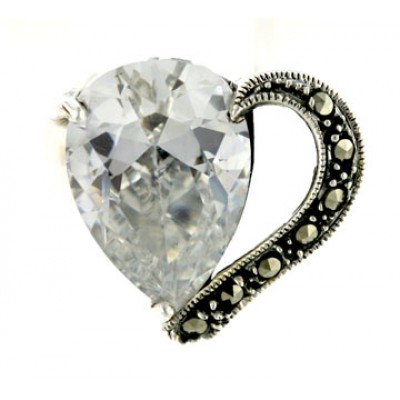 Marcasite Ring 16X12mm Clear Cubic Zirconia Tear Drop with Pave Marcasite Open Right