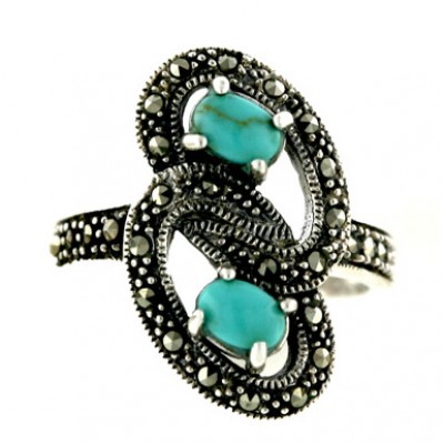 Marcasite Ring 2 Interlocking 'O' with 2 Oval 6X4mm Cabocho