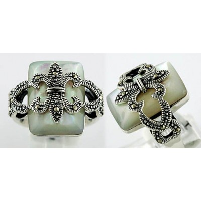 Marcasite Ring Rectangular White Mother of Pearl with Marcasite Fleur De Lis on Top