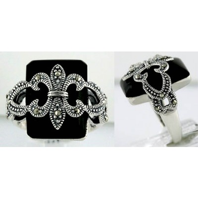 Marcasite Ring Rectangular Onyx with Marcasite Fleur De Lis on Top