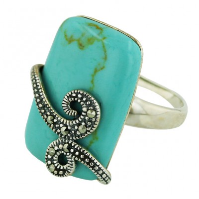 Marcasite Ring Rectangular Cabochon Faux Turquoise with 2 Marcasite Swirl