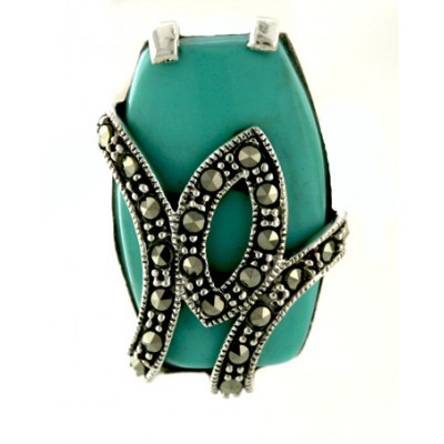 Marcasite Ring Faux Turquoise with Marcasite Open Marquis+Lines Bypass