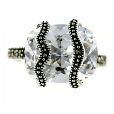 Marcasite Ring 15X12mm Oval Clear Cubic Zirconia with 2 Marcasite Wavy Lines Byp